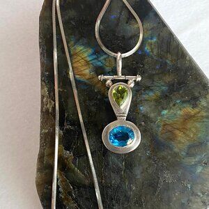 Sterling Silver 925 Blue Topaz & Peridot Hinged Pendant Necklace 18" Snake Chain